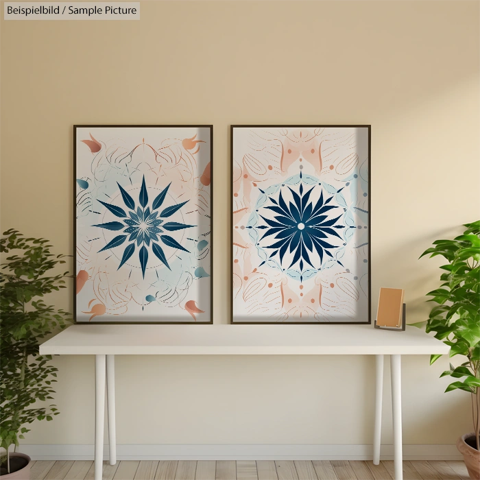 Modern room with two framed abstract floral prints on a white table, surrounded by potted plants and beige walls.