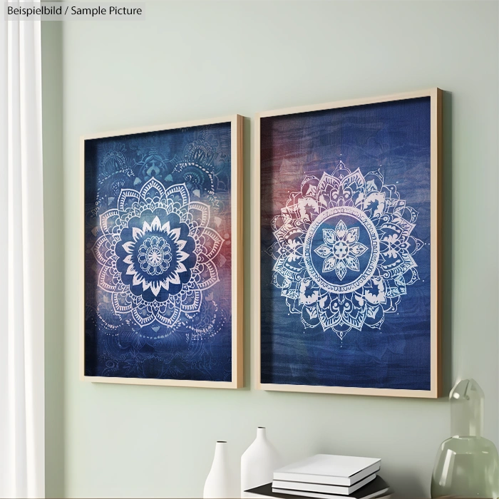 Two framed blue mandala artworks with intricate patterns on a pale green wall.