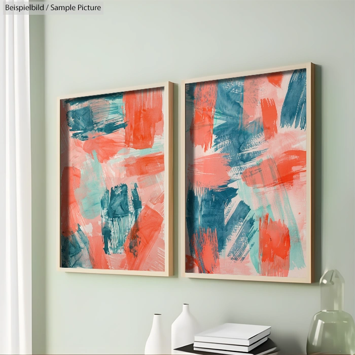 Abstract artwork with red and teal brushstrokes in wooden frames, displayed on a light green wall.