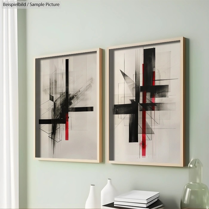 Two framed abstract artworks with black and red geometric shapes, hanging on a light green wall.