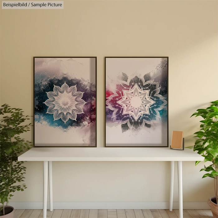 Two abstract mandala art pieces in frames on a wall above a white table with plants, combining blue, pink, and black hues.