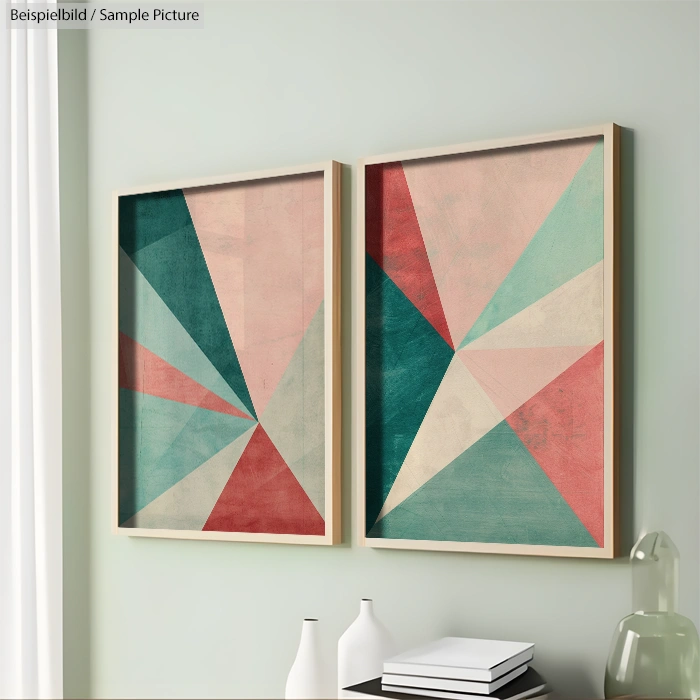 Abstract geometric art prints in wooden frames, featuring triangles in muted teal, coral, and beige tones, on a wall.