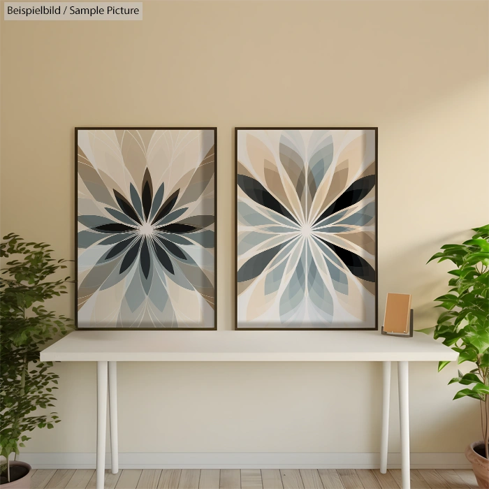 Two abstract floral paintings on beige wall above a white table, with green plants on either side.