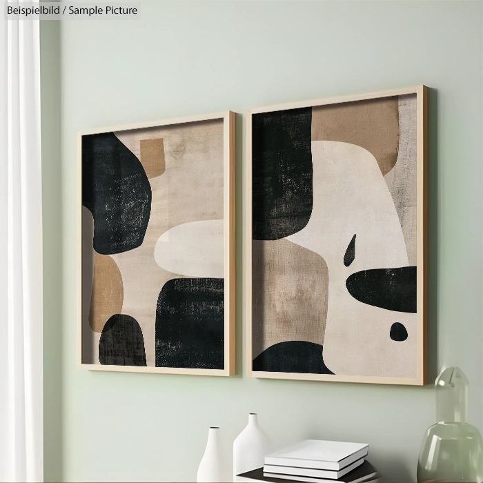 Minimalist abstract paintings in beige and black tones on a light wall near geometric decor items.