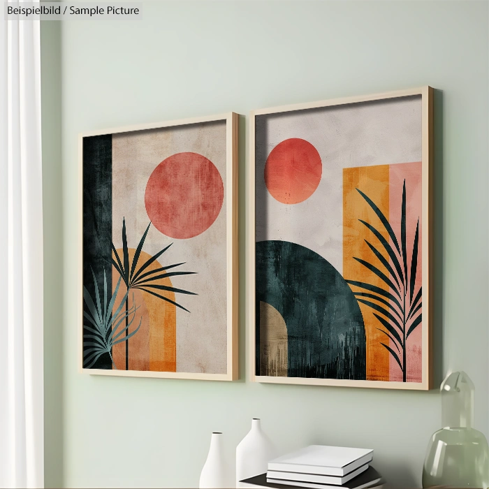 Pair of abstract paintings with geometric shapes, red circles, black palm leaves on pastel backgrounds, framed on wall.