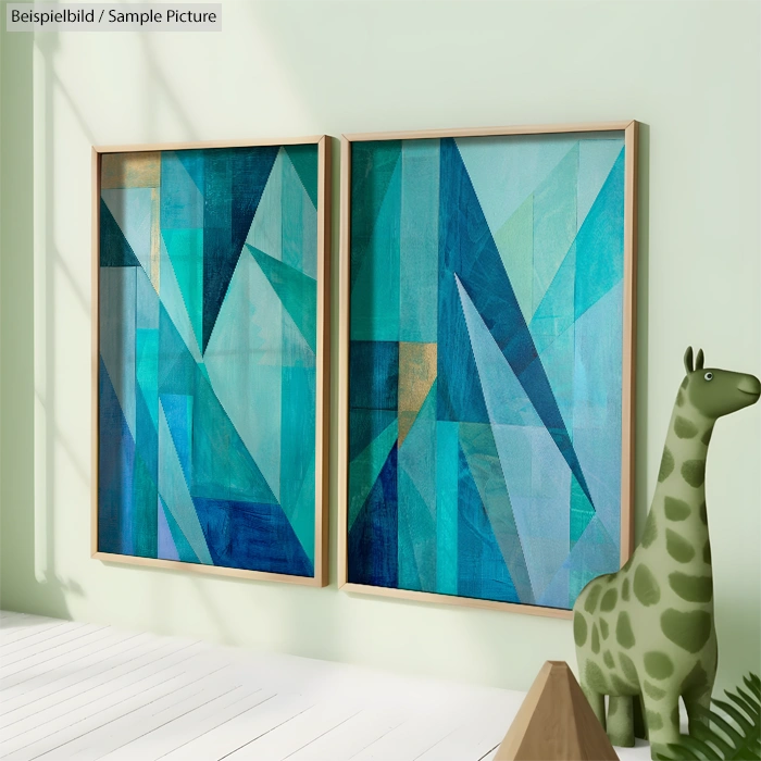 Two abstract blue and green geometric paintings in wooden frames beside a green giraffe sculpture in a bright room.