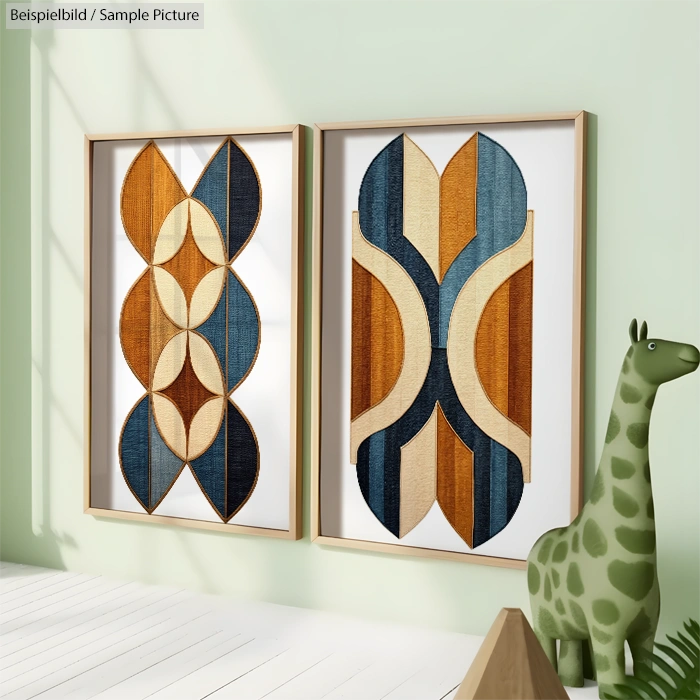 Two abstract art pieces with geometric shapes in blue, orange, and beige, mounted on a light green wall beside a giraffe sculpture.