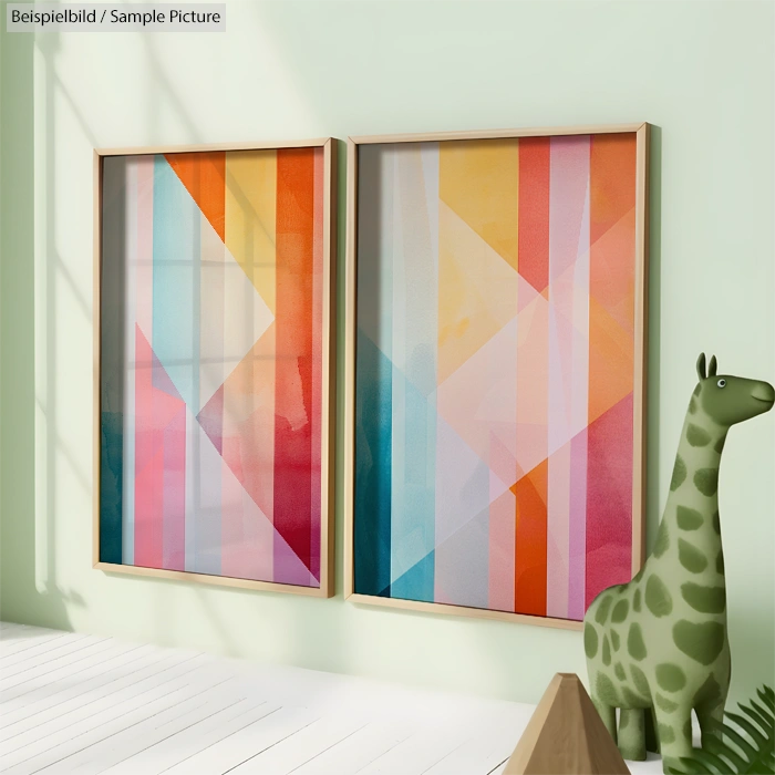 Two framed abstract paintings with colorful geometric patterns in a bright room; a small giraffe sculpture is visible.