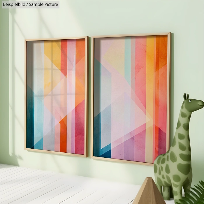 Two colorful abstract paintings with geometric shapes next to a green giraffe sculpture on a light wall.