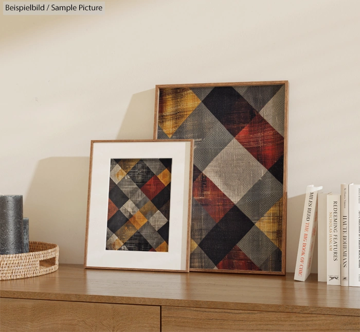 Wooden sideboard with two geometric pattern paintings and a stack of books, including interior design books, on top.