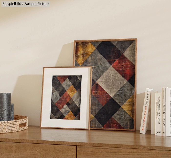 Modern wooden dresser with abstract geometric artwork and books on top, next to a woven basket and gray candles.