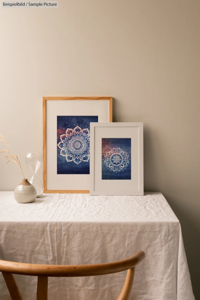 Table with framed mandala art, vase with dried grass, and hourglass against a beige wall.