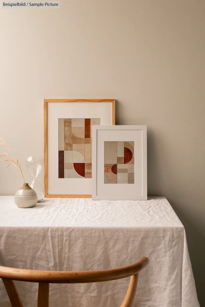 Minimalist art prints on white tablecloth beside wooden chair and dried plants in vase.