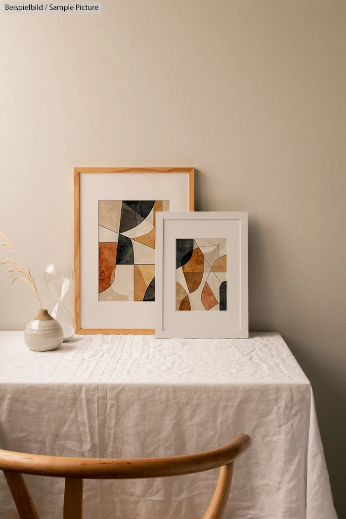 Minimalist interior with abstract art, wooden chair, table, framed geometric prints, and neutral colors.