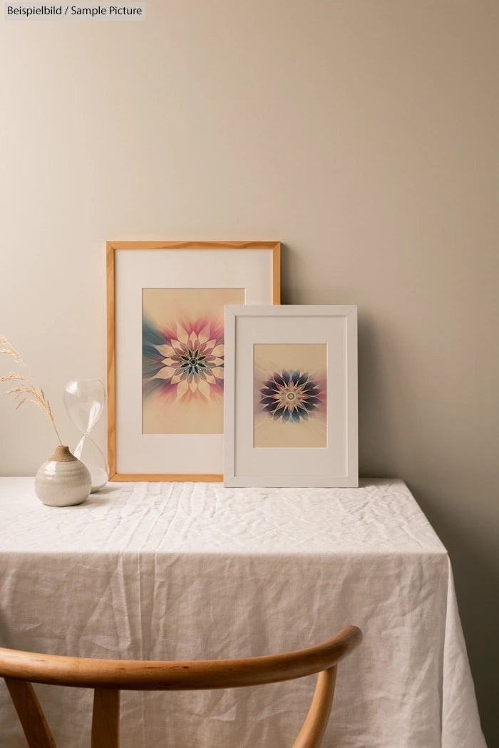 Framed abstract art with floral patterns on a table next to a wooden chair and a sand timer.