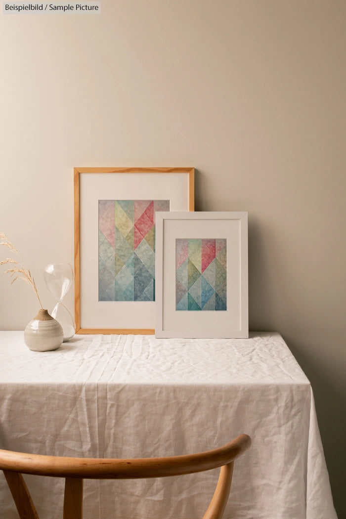 Simple interior with framed geometric prints on table, wood chair, dried plant, and hourglass in soft daylight.