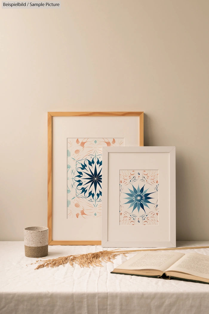 Two framed geometric art prints with decorative floral designs on a table with a book and ceramic cup.