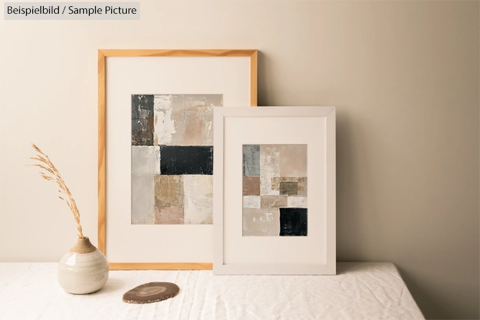 Two framed abstract paintings with geometric patterns on a white table, next to a beige vase with dried grass.