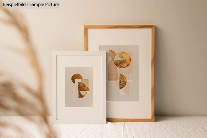 Two framed abstract artworks with gold and beige geometric shapes on a neutral wall and table setting.