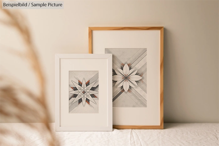 Two framed geometric art prints on wooden floor against beige wall with decorative plant in foreground.