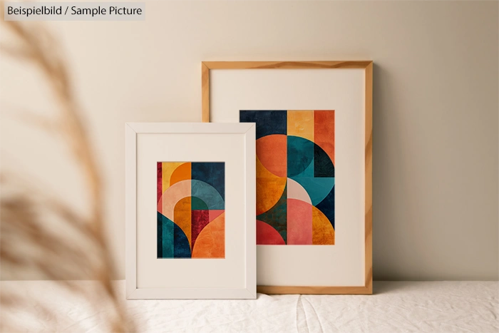 Two framed abstract geometric art pieces with colorful arcs and circles on a muted wall.