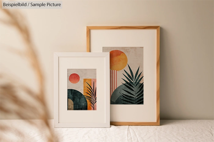 Two framed abstract artworks with geometric shapes and plant motifs in a minimalist setting.