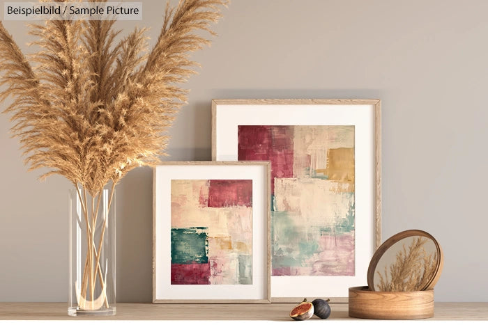 Neutral-toned room with abstract art in frames and pampas grass in a vase on a wooden surface.