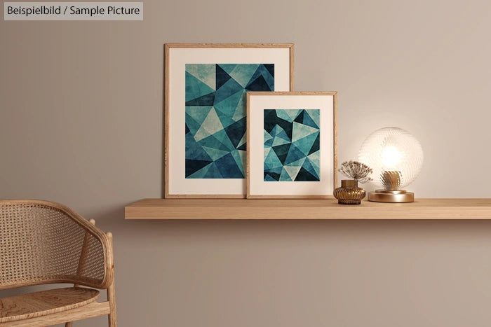 Minimalist shelf with two geometric art prints and a glowing lamp.