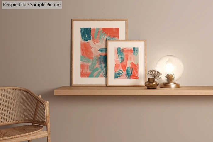 Minimalist shelf with abstract art and a lit glass lamp beside a wicker chair on light beige wall.