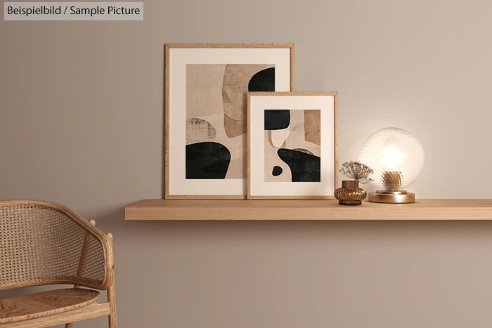 Minimalist decor with abstract art, round lamp, and wicker chair on a beige wall-mounted shelf.