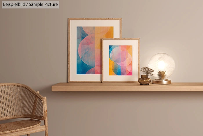 Minimalist room with abstract art, wicker chair, and decorative lamp on a wooden shelf.