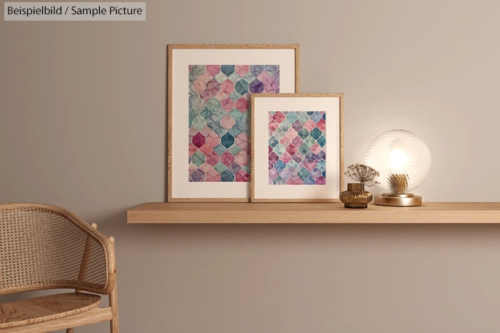 Shelf with two framed abstract artworks, a lamp, and a small plant in a minimalist room with neutral tones.