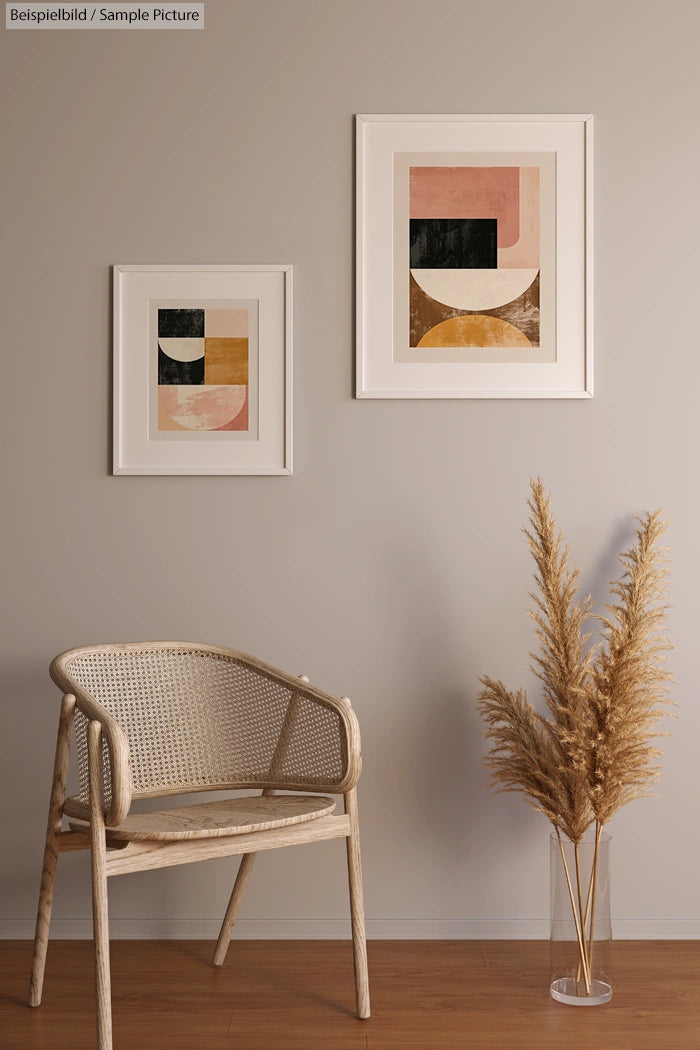 Minimalist interior with two abstract art pieces, a wicker chair, and pampas grass in a glass vase on wooden floor.