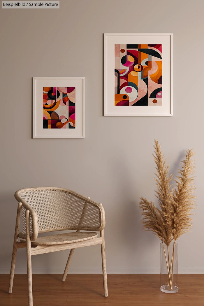 Modern abstract art in frames on a neutral wall, next to a woven chair and pampas grass vase on wooden floor.