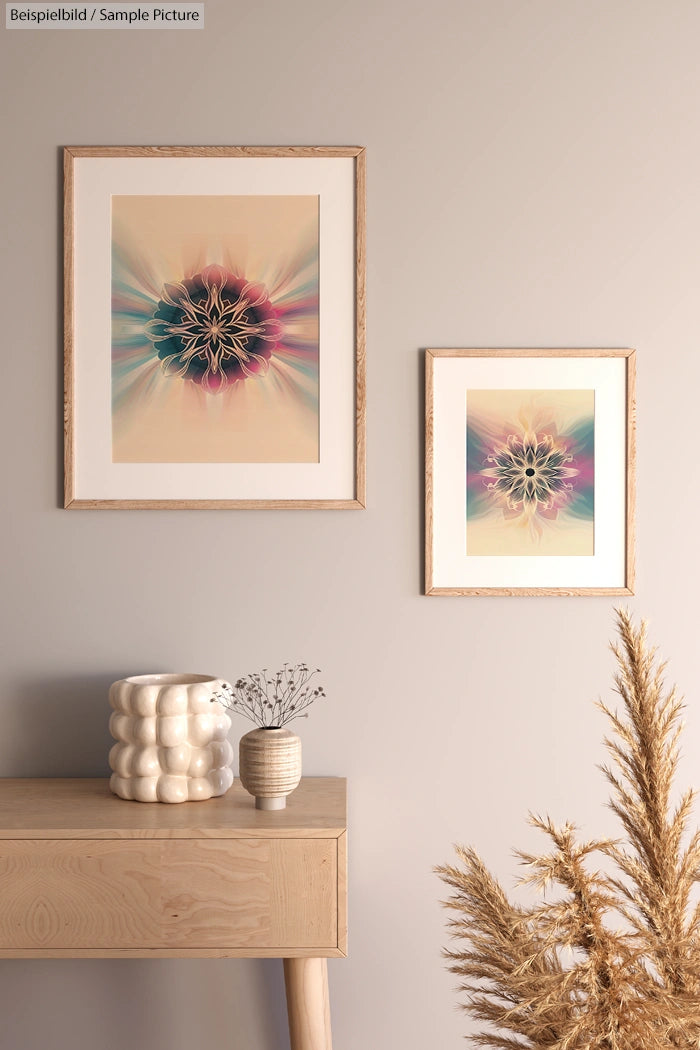 Neutral-toned room with two framed abstract artworks, a decorative vase on a wooden table, and dried pampas grass.