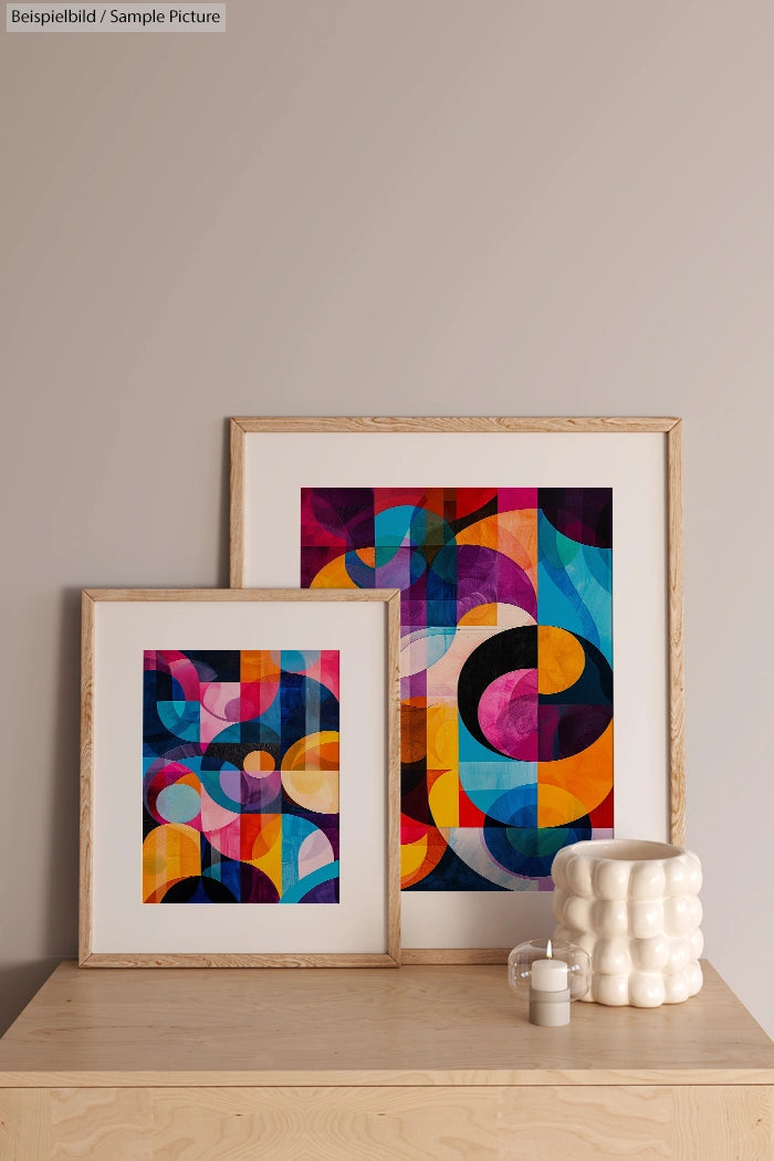 Two framed abstract paintings on a wooden surface, featuring colorful geometric shapes and patterns.