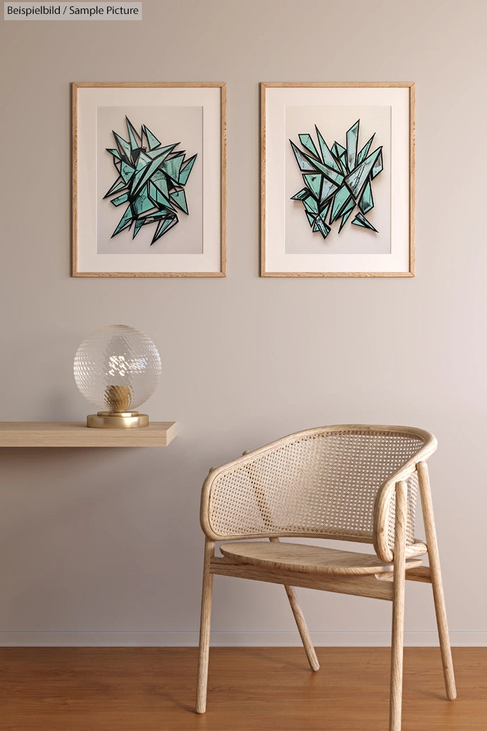 Modern room with rattan chair, round lamp, and framed abstract teal art on beige walls.