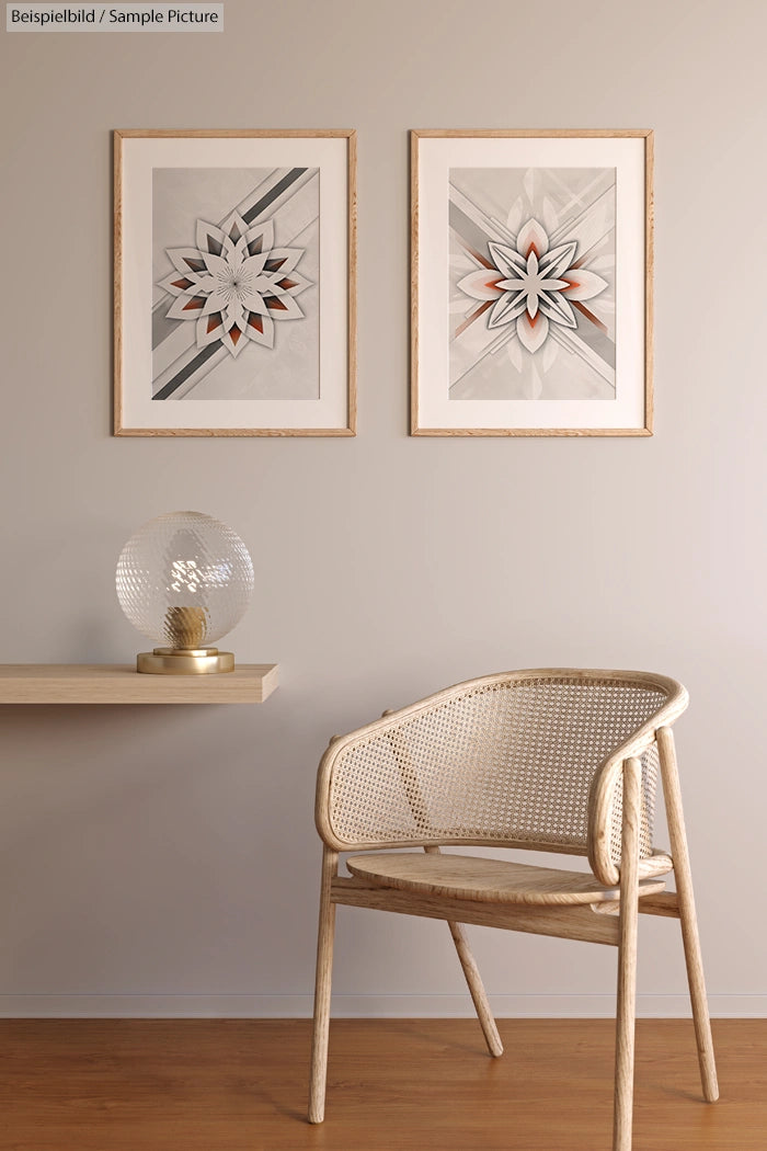 Minimalist room with abstract geometric art, wicker chair, and a glass globe lamp on a wooden shelf against beige walls.