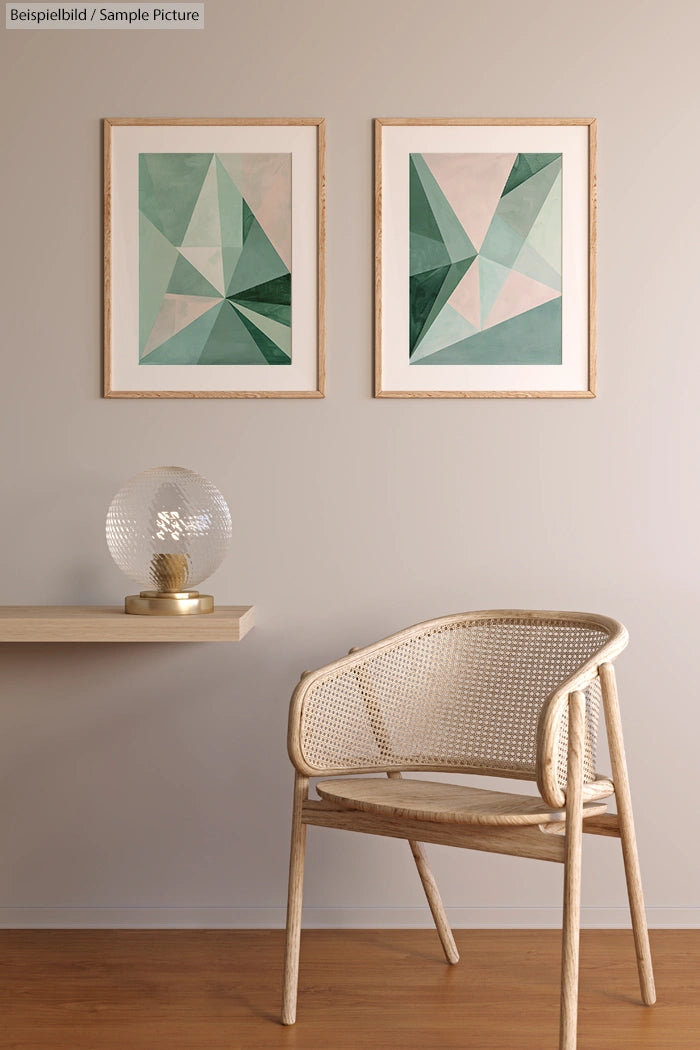 Minimalist interior with two geometric art prints, a wicker chair, and a globe lamp on a wooden shelf.