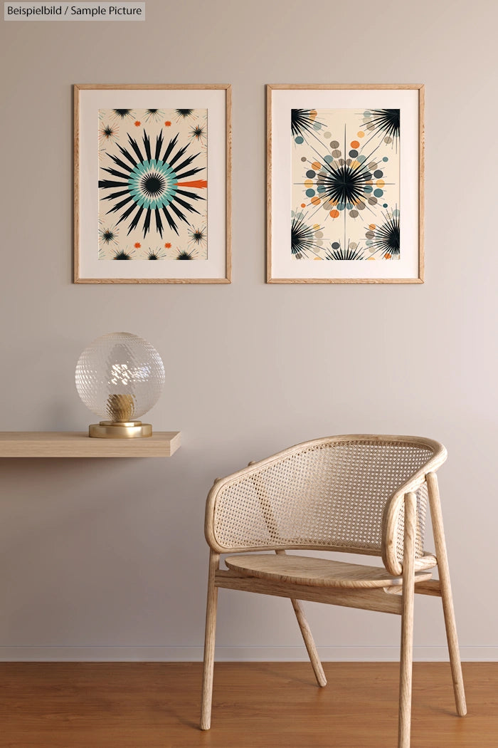 Modern neutral room with wicker chair and abstract geometric art prints on beige wall.