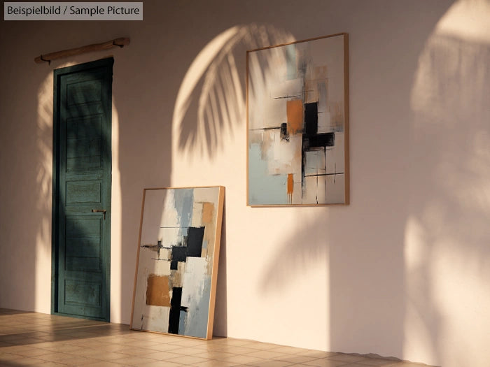 Modern abstract paintings on wall near green door, with palm leaf shadows cast on beige surface.