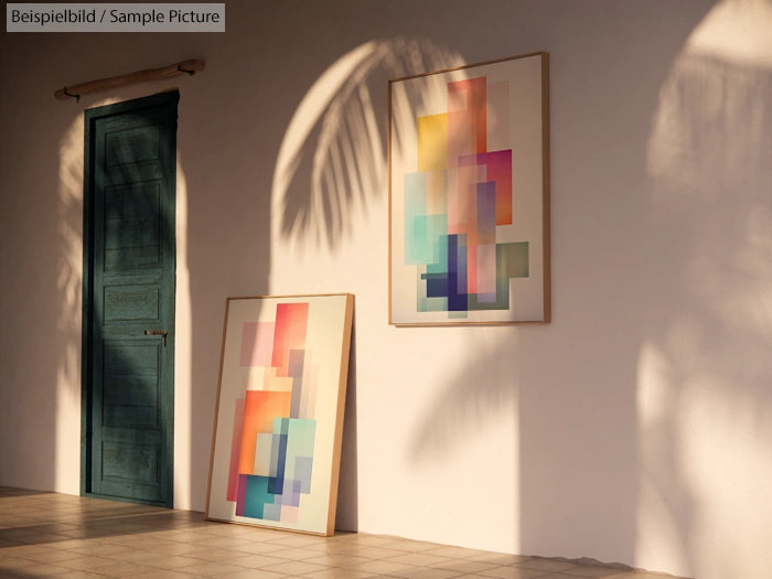 Sunlit room with colorful abstract paintings and shadows of palm leaves on a wall next to a turquoise door.