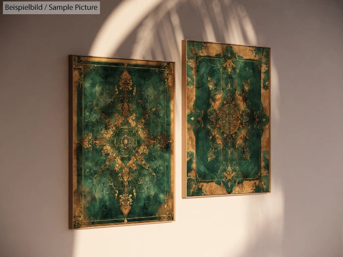 Decorative artwork: Two green and gold abstract paintings with intricate symmetrical patterns on a light wall.