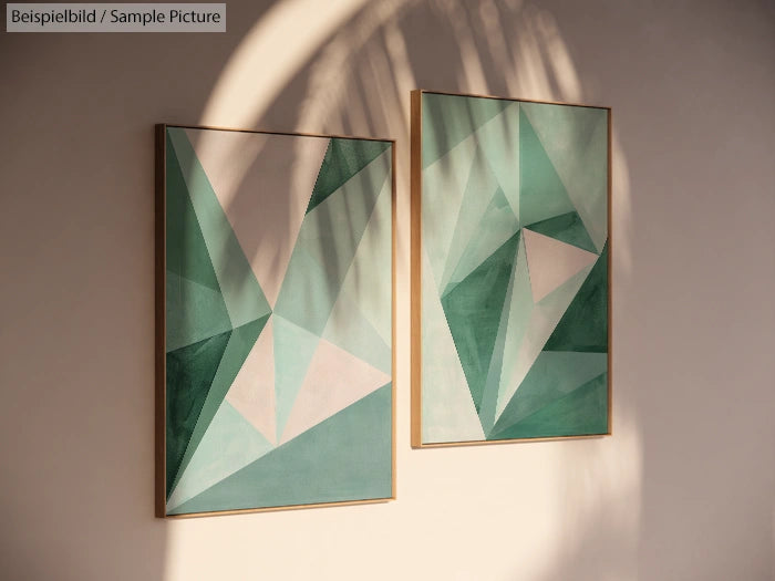 Two geometric art pieces with green and beige triangular patterns on a sunlit wall.