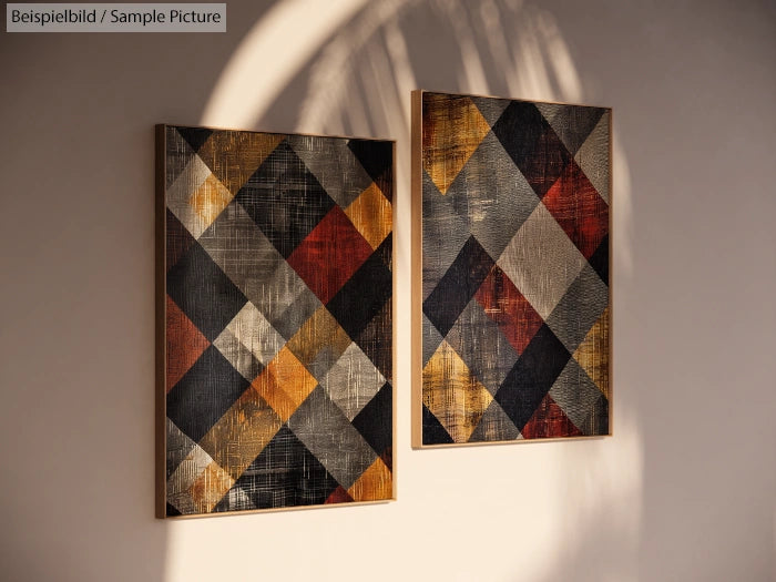 Two abstract geometric paintings with colorful diamond shapes on a wall, illuminated by soft sunlight.