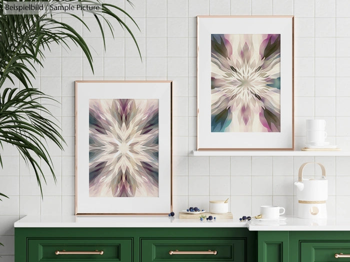 Green kitchen counter with abstract art on tiled wall, featuring pastel and earthy tones in floral patterns.