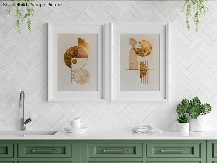 Modern kitchen with green cabinets, two abstract geometric paintings, plants, and white herringbone tile backsplash.