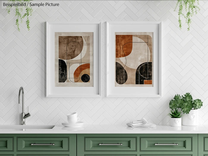 Kitchen with green cabinets, white backsplash, and two framed abstract artworks above a sink with potted plants.