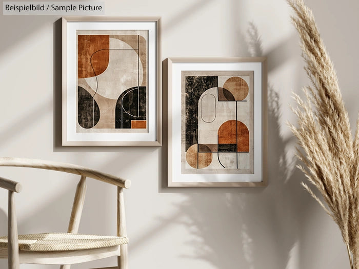 Two framed geometric abstract art pieces on a wall with a wicker chair and pampas grass in the foreground.