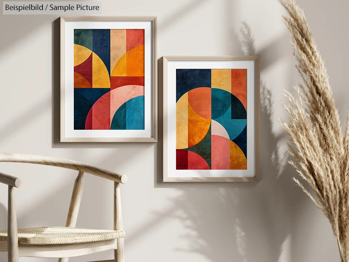 Two framed abstract paintings with geometric patterns in warm colors on a beige wall, next to dried ornamental grass.